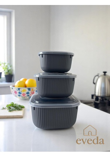 Eveda Snaplid Line Kare Üçlü Set Antrasit