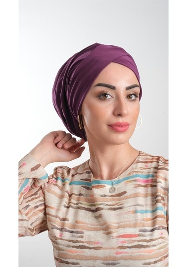 Mürdüm Pratik Hazır Geçmeli Tesettür Bone Sandy Kumaş Büzgülü 211 Mürdüm