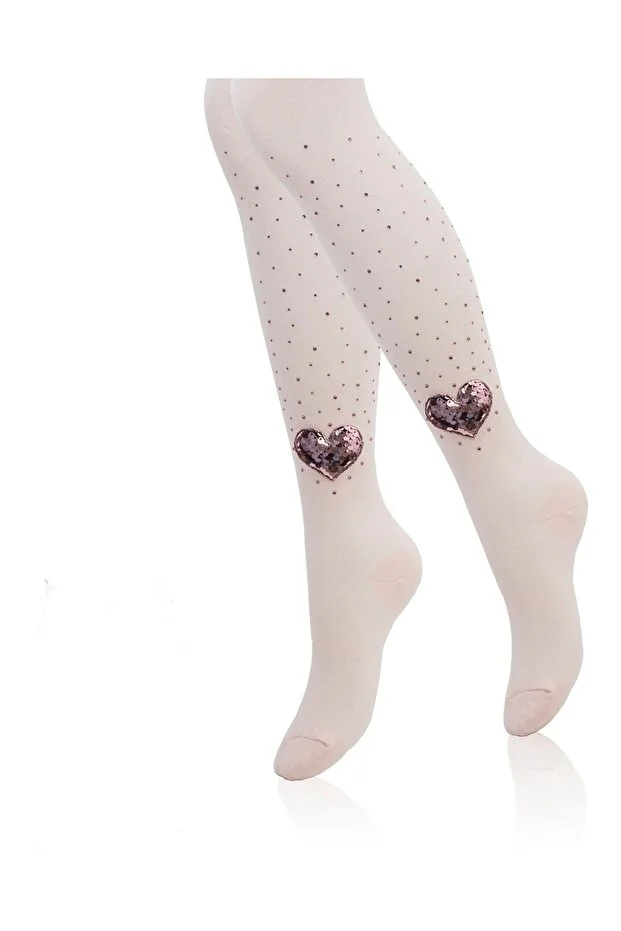 Veraye Socks Kız Külotlu Çorap Pullu Taş Baskılı Pamuklu Penye 3'lü Beyaz-krem-pembe