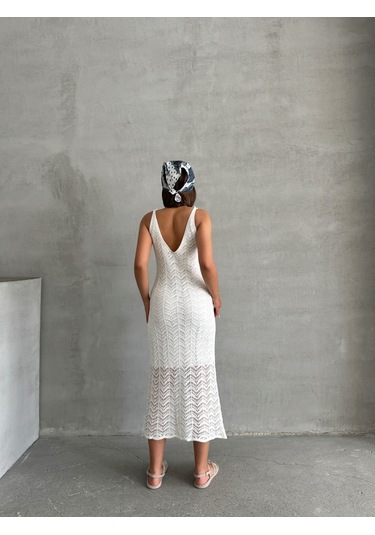 Kadın Askılı Ajurlu Yazlık Triko Elbise Ekru