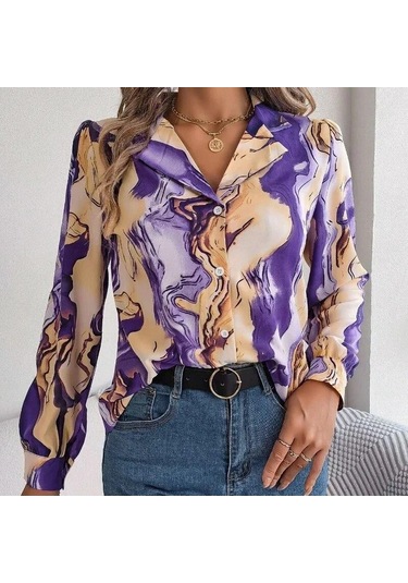 Ofis Kadın Rahat Moda Kontrast Renk Baskı Bluz Kadın Uzun Kollu Sonbahar Kış Zarif Çentikli Gömlek Elbise Tops 28621 Mor