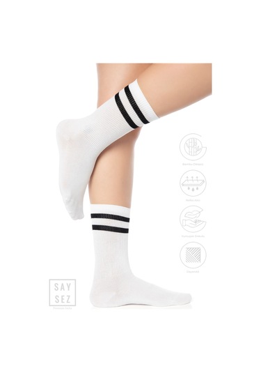 Bambu Unisex Tenis Kolej Çizgili Beyaz Premium Dikişsiz Soket Çorap Beyaz