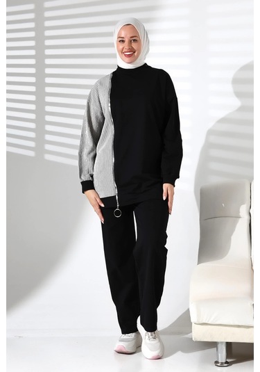 Kadın Mevsimlik Alt Ve Üst Rahat Siyah Spor Tesettür Takım Siyah