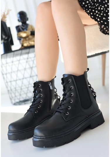 Harte Siyah Cilt Bağcıklı Bot Siyah