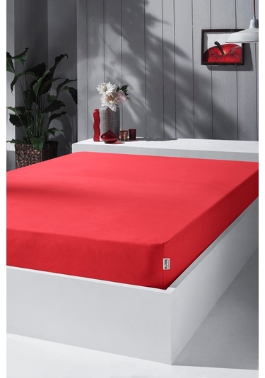 Penye Lastikli Çarşaf, Tek Kişilik , Kırmızı, Pamuk-elastan Örme Kumaş, 230 Gr/m² Kırmızı