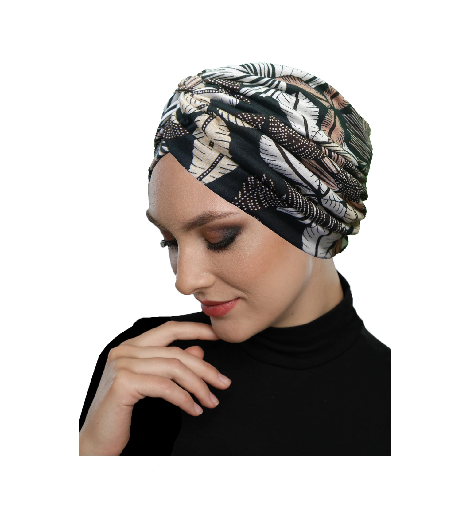 Sonbahar Esintisi Desenli Çapraz Ve Bant Detaylı Astarlı Hazır Türban Tesettür Havuz Bonesi Siyah-bej