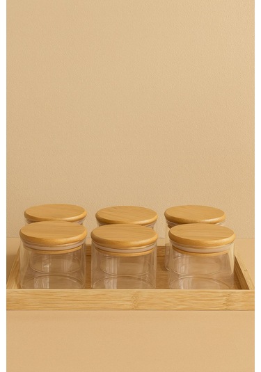 6 Borosilikat Cam Kahvaltılık Bambu Tepsili -bambu Kapaklı Kahvaltilik- 90 X 70 Mm Beyaz