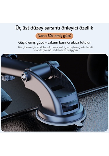 Klasik Emici Askılı Araç Telefon Tutucusu 25cm Uzayan 60x Nano Emiş 360 Dönebilen 5.8-9cm Genişlik 15.5x7.3x11.3cm