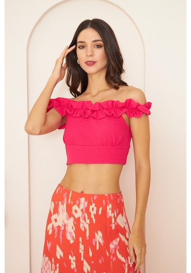 Darlin Moda Pembe Fırfırlı Crop Bluz Dm7002