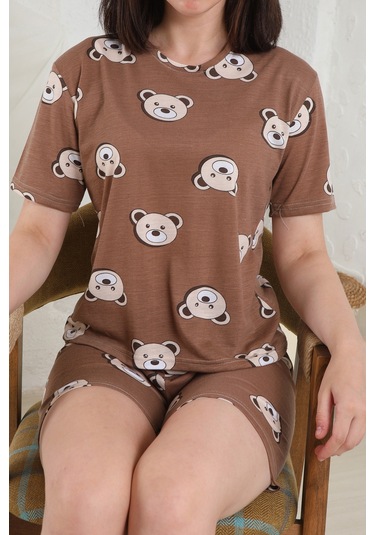 Fames Pijama Yazlık Desenli Loose Crop Şortlu Pijama Takım Kahverengi