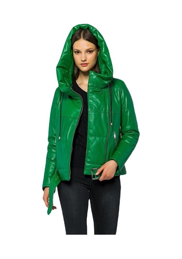 Basics&more Kadın Kapüşonlu Şişme Hakiki Deri Ceket - Elle 001