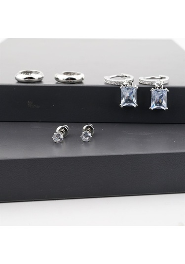 Kadın Altın Kaplama Kare Baget Zirkon Taşlı 6'lı Set Küpe Altın