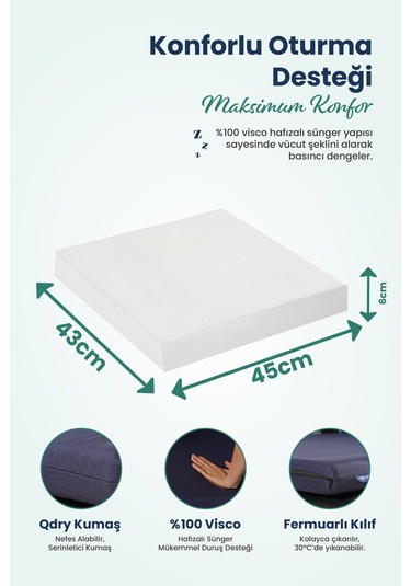 Kare Ortopedik Visco Oturma Minderi Bel, Basen Ve Baldır Destekli %100 Visco Minder - 45x43x6cm Lacivert
