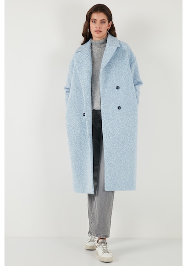Lela Oversize Fit Mono Yaka Düğmeli Buklet Uzun Kaşe Bayan Kaban 6810236 Bebe Mavi