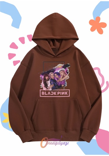 Çocuk Unisex Blackpink Kızlar Baskılı Oversize Kapüşönlü Sweatshirt Kahverengi