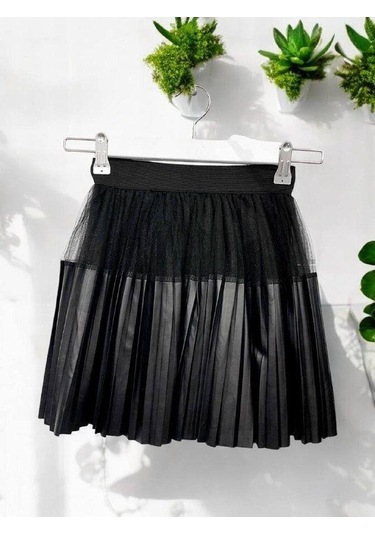 Kız Çocuk Piliseli Deri Tüllü Etek-14835 Siyah