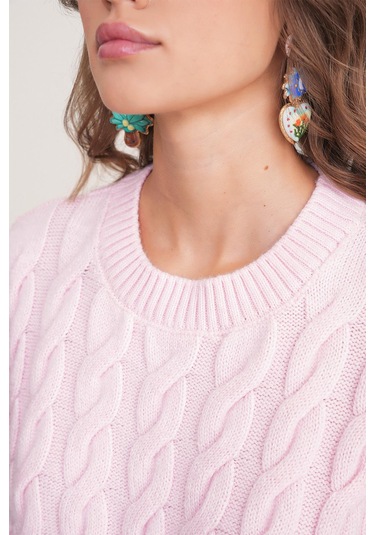 6973 Kadın Saç Örgülü Regular Basic Triko Kazak Pembe Pembe