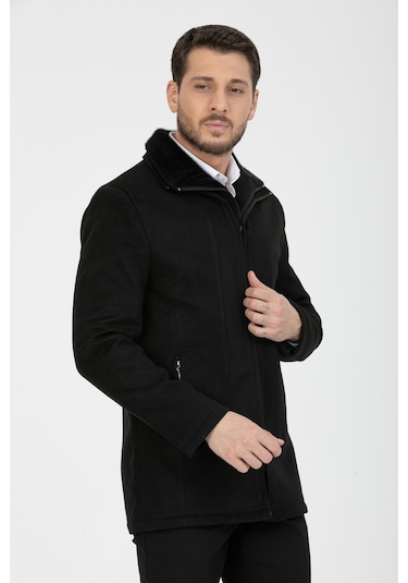 Erkek Siyah Yün Karışım Çift Yaka Kürklü Önü Fermuarlı Kaşe Kaban Siyah