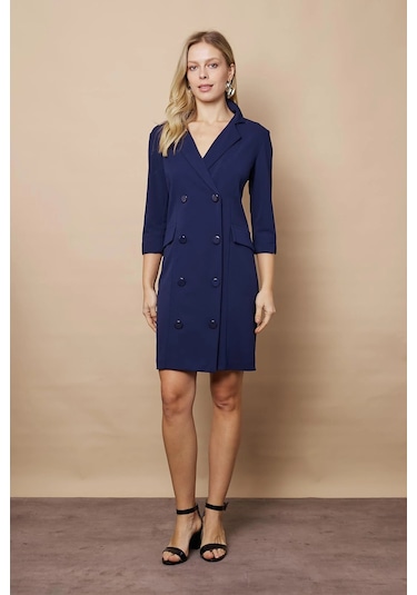 Yakalı Sırt Dekolteli Anvelop Truvakar Kol Likralı Krep Kumaş Düğmeli Ceket Elbise-lacivert Lacivert