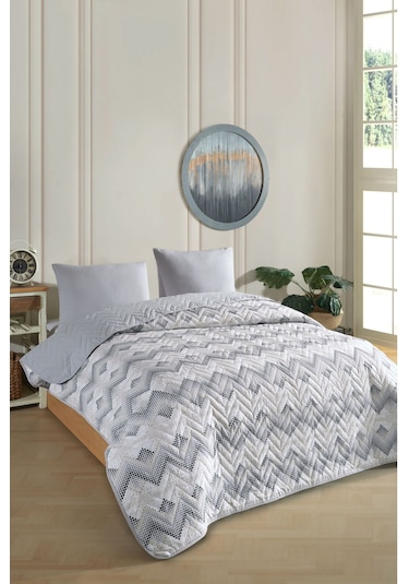 Tek Kişilik Desenli Kapitone Çift Taraflı Renkli Pike Yatak Örtüsü Takımı 160x230 Cm Çarşafsız Gri