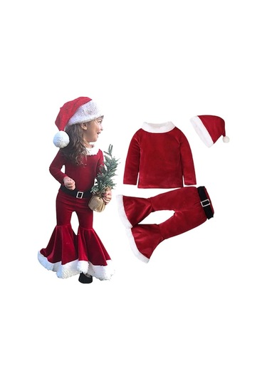 Kız Çocukları İçin Koral Kadife Noel Elbise Seti - Uzun Kollü Tişört + Flared Pantolon + Şapka + Kemer, Kırmızı, 110 Numara, Isınır Ve Konforlu, Noel/olaylar İçin