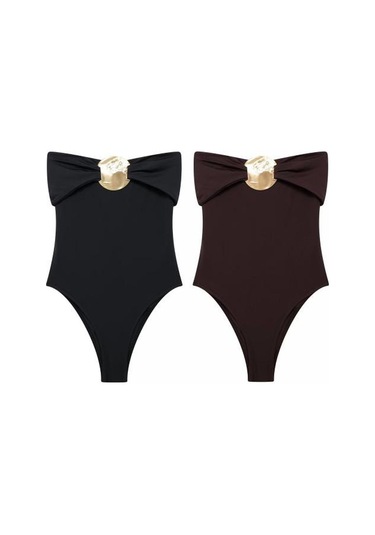 Seksi Monokini Bandeau Kolsuz Slim Fit Tek Parça Bikini Metal Takılarla Karın Kontrol Hızlı Kuruyan Tek Parça Mayo Kahverengi