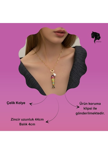 Renkli Balık Figürlü Hareketli Çelik Kolye Gold