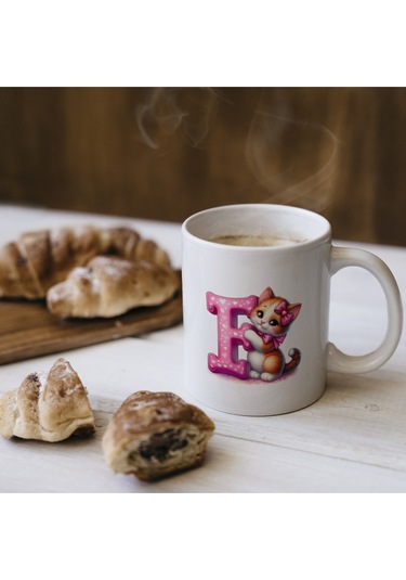 F Harfli Bardak, Sevimli Kedili Pembe Tasarım Bardak, Arkadaşa Aileye Hediye Porselen Beyaz