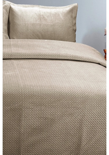 Lidia Kadife Çift Kişilik Yatak Örtüsü Takımı - Vizon