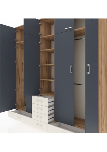 Hyperion Dolap 6 Raflı 6 Çekmeceli 4 Askılı 220x44x243 Çam-antrasit/aytaşı Antrasıt/aytası
