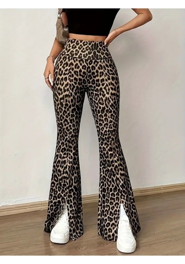 Kadın Yüksek Bel Leopar Desenli Yırtmaçlı Dalgıç Tayt Leopar