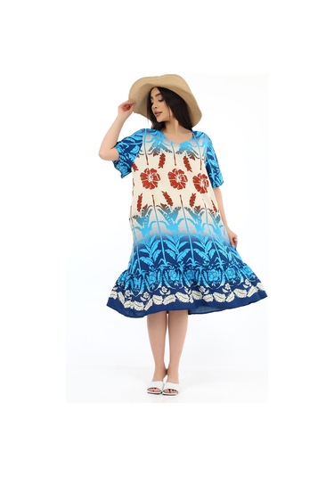 Kadın Viskon Yarım Kol O Yaka Cepli Fırfırlı Elbise Turkuaz Turkuaz