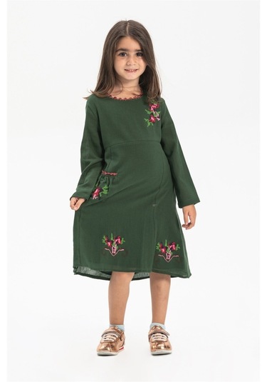Uzun Kol Şile Bezi Burçak Çocuk Elbise Yeşil