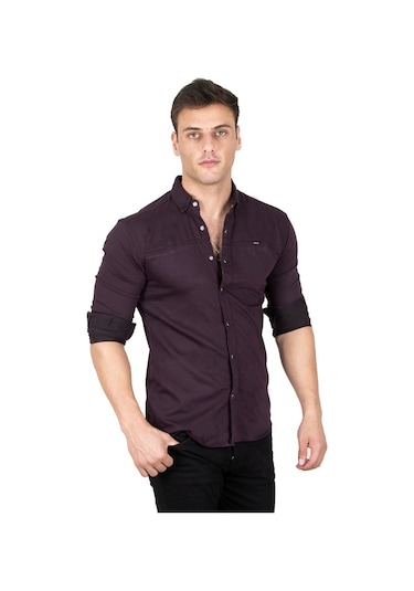 Deepsea Erkek Mürdüm Çıt Çıt Düğmeli Kot Gömlek 2300412 Mürdüm