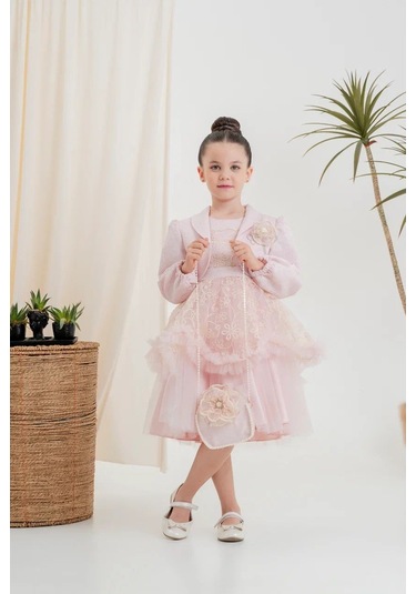 Kız Çocuk Elbise Ceketli Tüllü Çantalı Pembe