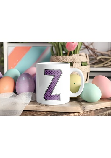 Z Harfi Mor Puantiyeli Kupa Bardak - Polka Dot Tasarım Kahve Çay Bardak - Kişiye Özel Hediyelik Beyaz