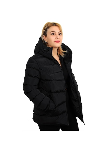 Freemen Kadın Siyah Kapüşonlu Polarlı Kürklü Su Geçirmez Rüzgara Dayanıklı Şişme Mont Siyah