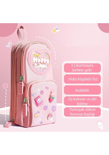 Ally Kawaii Büyük Kapasiteli Tuval Kalem Çantası Kızlar İçin Kılıf Tutucu Kutusu - Pembe Pembe