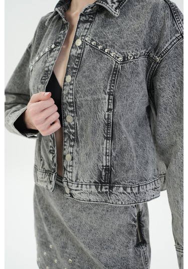 Asit Yıkama Antrasit Regular Fit Drop Detaylı Jean Ceket C 4538-225