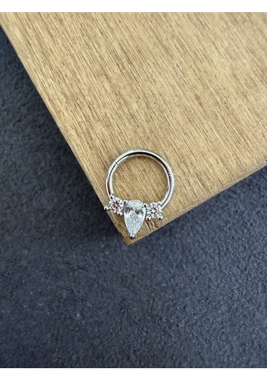 316 L Cerrahi Çelik Oval Zirkon Taşlı Pırlanta Model Halka Piercing Beyaz