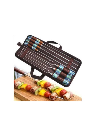 Wondernest Açık Piknik Paslanmaz Çelik Barbekü Seti, U Şeklinde İğne Çatal, Ahşap Saplı 7 Parça Çok Renkli Çok Renkli