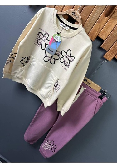 Çiçekli Kanguru Cepli Kız Çocuk 2'li Takım Mor