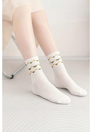 Kadın 5 Çift Premium Kalite Yeçil Çiçek Desenli Soket Çorap Beyaz - Yeşil