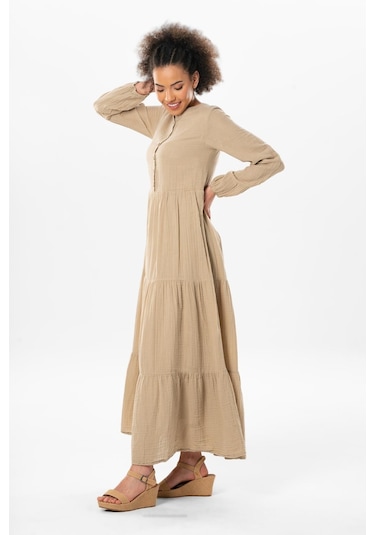 Uzun Kol Akay Uzun Düğme Detay Yazlık Müslin Elbise Vizon Vzn-vizon Vizon