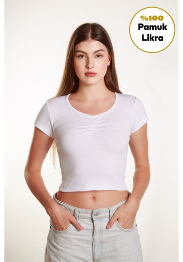 Kadın Fitted Crop Ön Yaka Bözgülü Fitilli Kollu Tshirt Atlet Bluz Beyaz