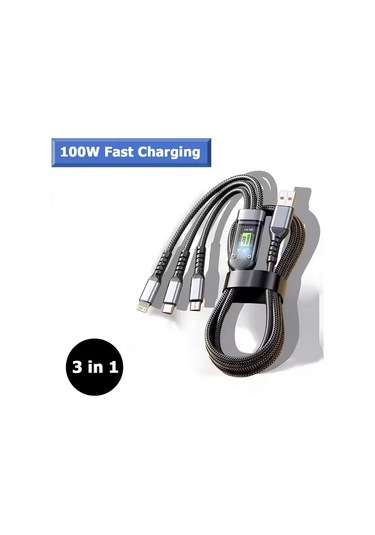 Işıklı 3 İn1 Lightning-micro-type-c 100w Hızlı Şarj Kablosu 3a 1.2m Siyah