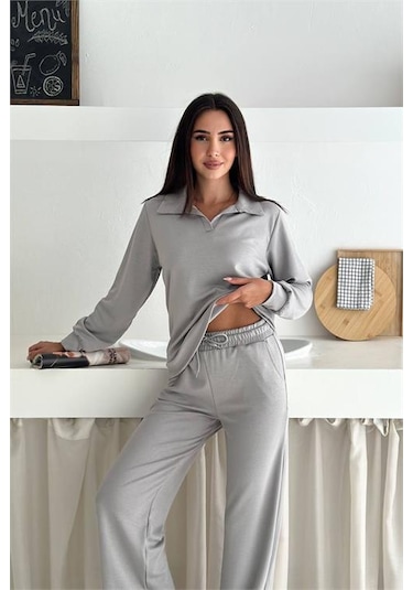 Neşeli Butik Kadın Polo Yaka Modal Uzun Kollu Eşofman Takımı Nbtg108 Açık Gri