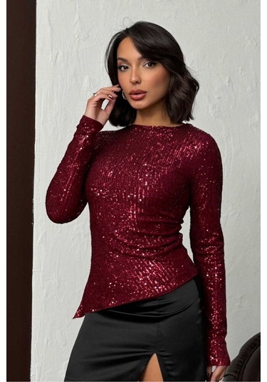 Topshow Parlak Payetli Bluz Yılbaşı Bordo