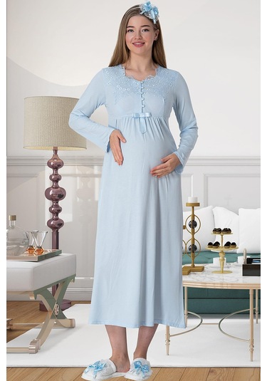 Mecit Pijama Mecit 5415 Mavi Hamile Lohusa Gecelik