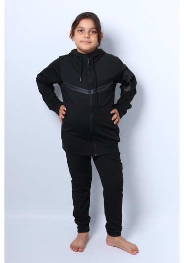Kız Çocuk Eşofman Takımı Kapşonlu Fermuarlı Ribanalı C59 Siyah